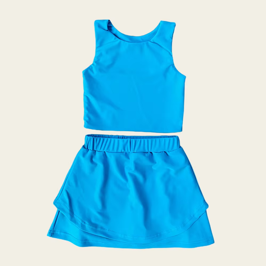 presale GSD2659  Baby Girls Sleeveless Hot Blue Vest Top Short Skirts Yoga Set D 6.2