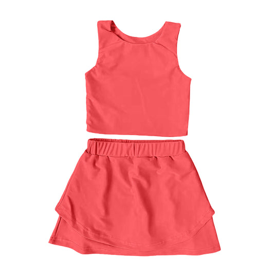 presale GSD2660  Baby Girls Sleeveless Peach Vest Top Short Skirts Yoga Set D 6.2