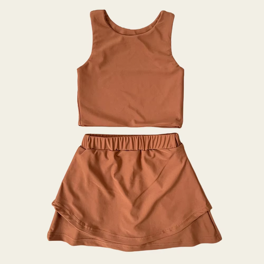 presale GSD2665 Baby Girls Sleeveless Brown Vest Top Short Skirts Yoga Set  D 6.2