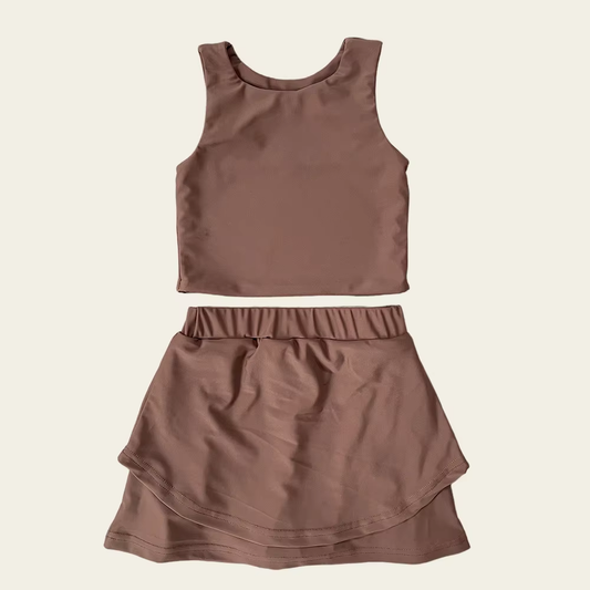 presale GSD2666 Baby Girls Sleeveless Dark Brown Vest Top Short Skirts Yoga Set  D 6.2