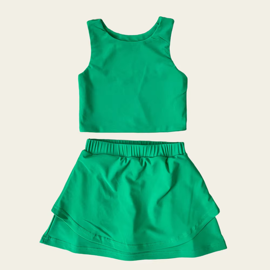 presale GSD2670 Baby Girls Sleeveless Dark Green Vest Top Short Skirts Yoga Set  D 6.2