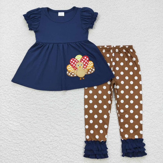 GSPO0795 Embroidered turkey navy short-sleeved polka dot tan trousers suit