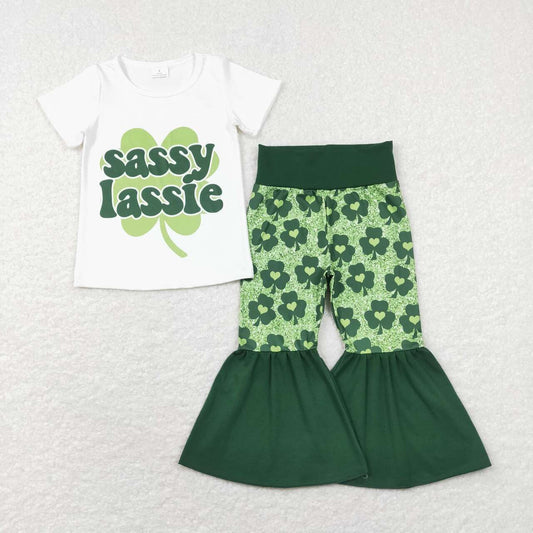 GSPO1029 Letter White Short Sleeve Love Four Leaf Clover Green Pants Suit