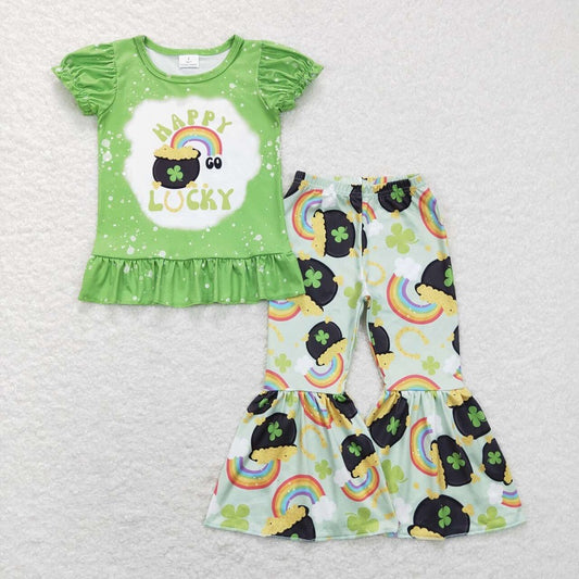 GSPO1046 Four-leaf clover rainbow gold coin green lace short-sleeved trousers suit