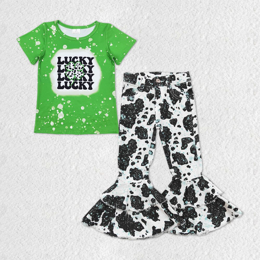 GSPO1296 Baby Girls St Patrick Day Western Shirt Cow Denim Jeans Pants Clothes Sets