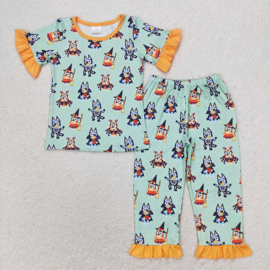 GSPO1573 Halloween yellow and green lace short-sleeved trousers pajama set