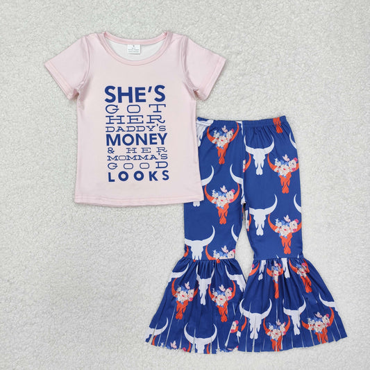 GSPO1720  Pink short-sleeved alpine bull head tassel blue trousers suit with letters
