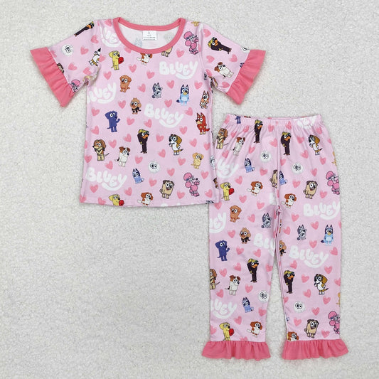 GSPO1760  Valentine's Day Love Heart Lace Pink Short Sleeve Long Pants Pajama Set