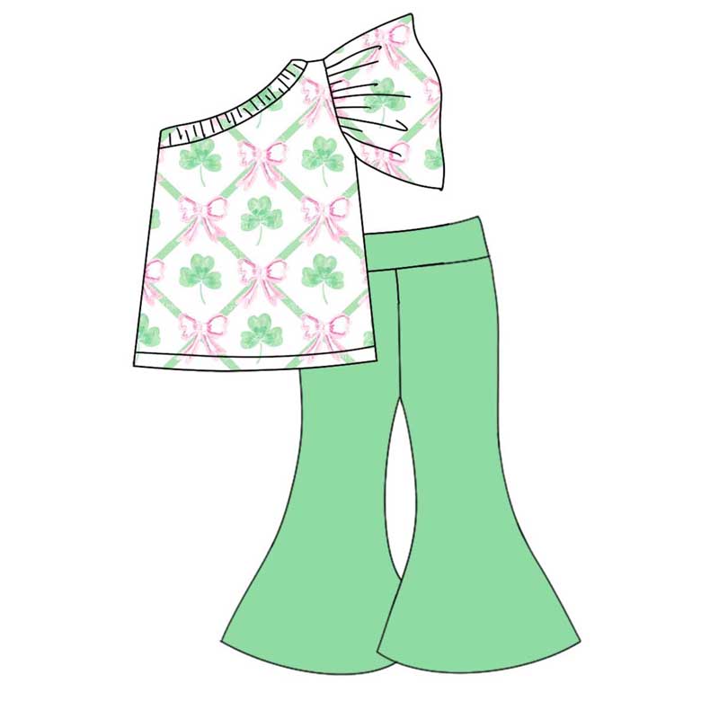 GSPO1793  Green trouser suit with one-shoulder sleeves and four-leaf clover bow pattern