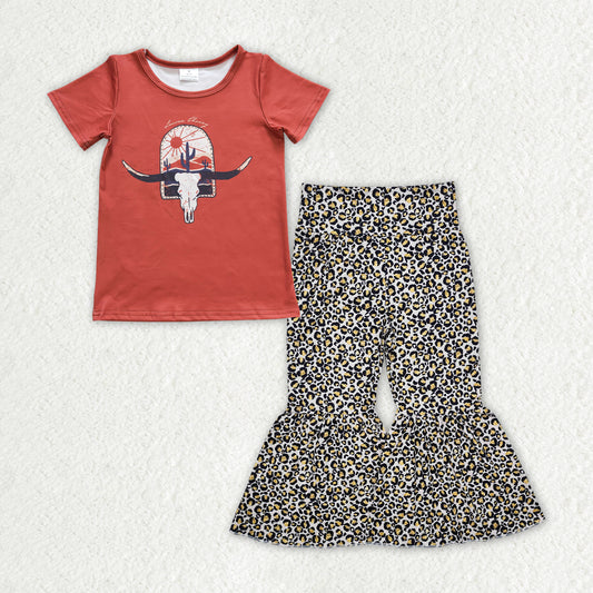 GSPO1841 Baby Girls Western Cow Cactus Shirt Leopard Bell Pants Clothes Sets