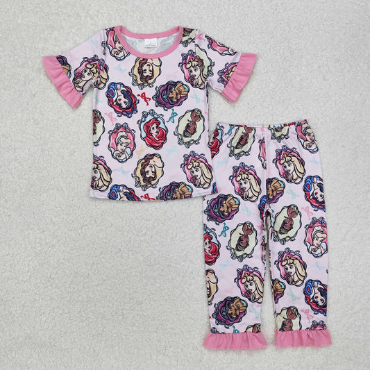 GSPO1846  Princess Colorful Bow Pattern Pink Lace Short Sleeve Long Pants Pajama Set