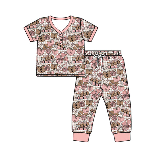 presale GSPO1860 Adult female flower book glasses pink and white short-sleeved trousers pajamas set  2024 11.28