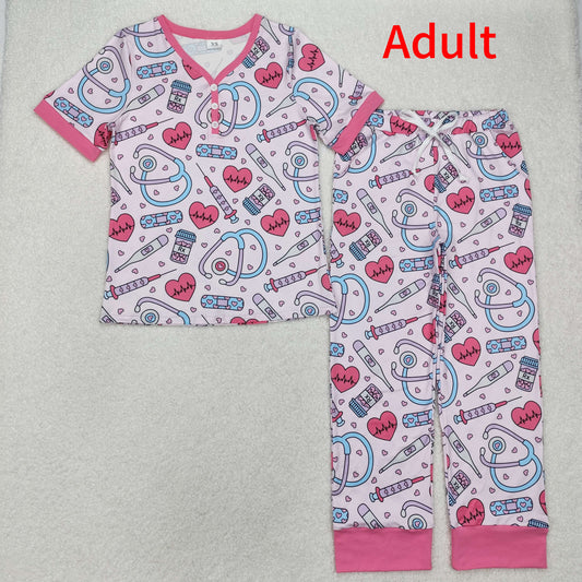 GSPO1861  Adult female heart pink short-sleeved long pants pajamas set