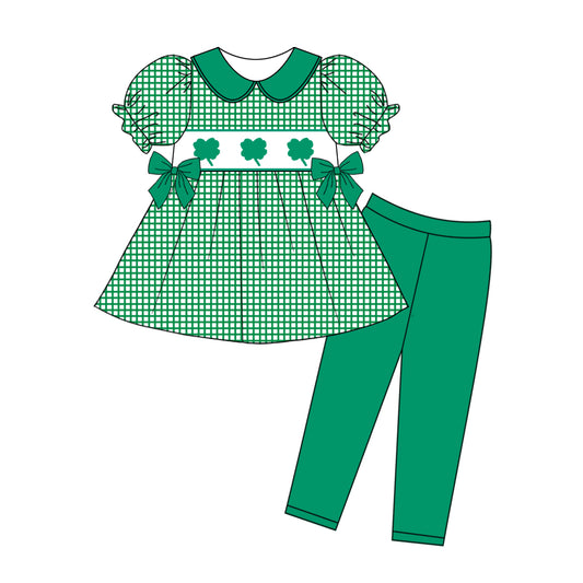 CUSTOM  Four-leaf Clover Green Bow Check Short Sleeve Pants Set  D 5.20