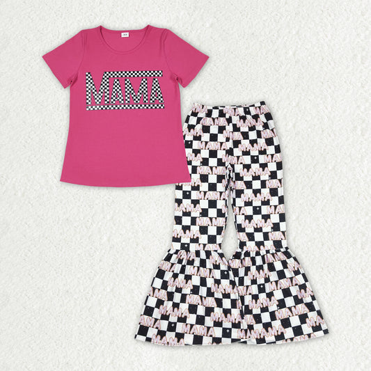 GSPO1948 Adult Women Mama Shirt Checkered Bell Bottom Pants Clothes Sets