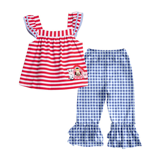 presale GSPO2023 Baby Girls Stripe Flutter Sleeves Cows House Top Plaid Ruffle Pants Farm Set  D 5.6