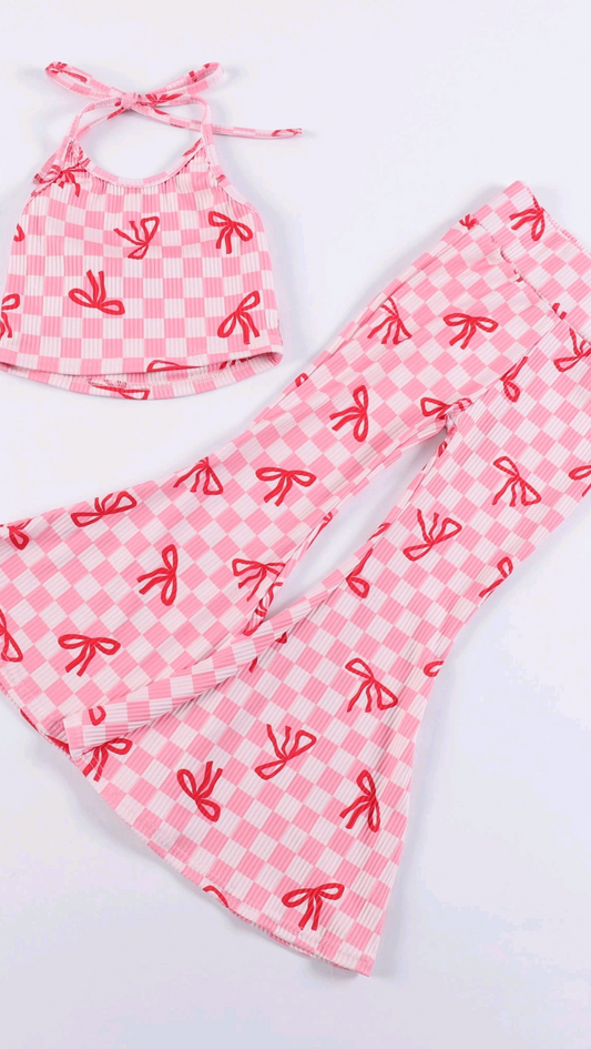 presale GSPO2030 Pink plaid bow halter top bell bottom pants girls clothes  D 5.16