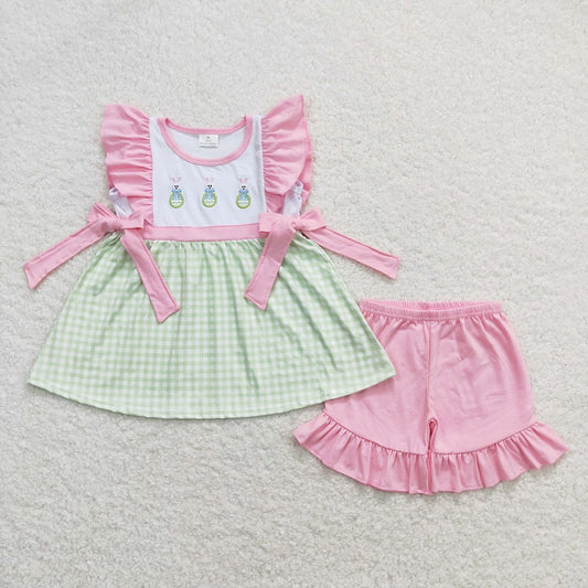 GSSO0436 Embroidery Bow Easter Egg Rabbit Green and White Plaid Pink Lace Bow Short Sleeve Shorts Suit