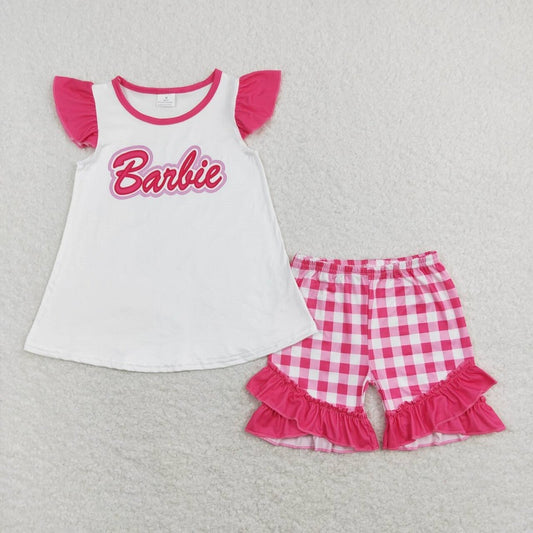 GSSO0477 Alphabet white flying sleeves pink and white plaid lace shorts suit