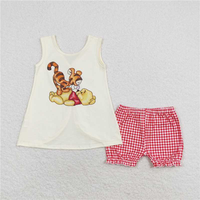Match Baby Boys Girls Bear Tiger Short Red Checkered Shorts Clothes Sets Romper  D 3.13