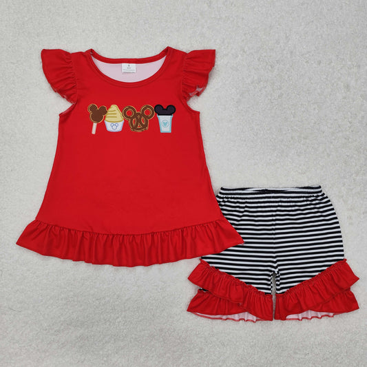 GSSO1616  Ice Cream Red Fly Sleeve Striped Shorts Set