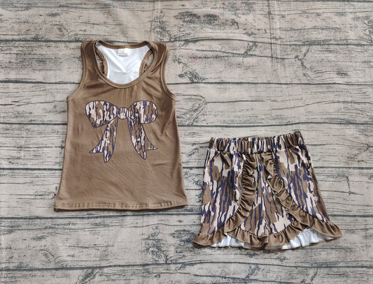 presale GSSO1627 Baby Girls Dark Green Bows Vest Ruffle Bottomland Camo Shorts Clothes Sets  D 5.15