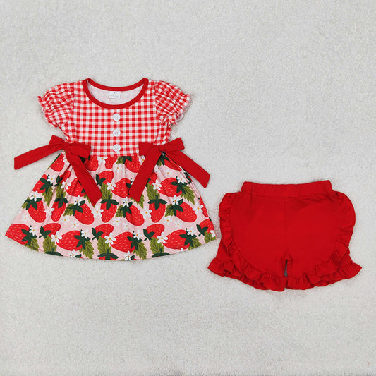 GSSO1648  Baby Girls Red Checkered Strawberry Bows Tunic Ruffle Shorts Clothes Sets  D 3.15
