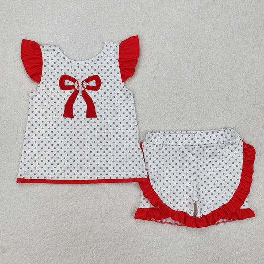 GSSO1698  Baseball Red Bow Dot White Fly Sleeve Shorts Set