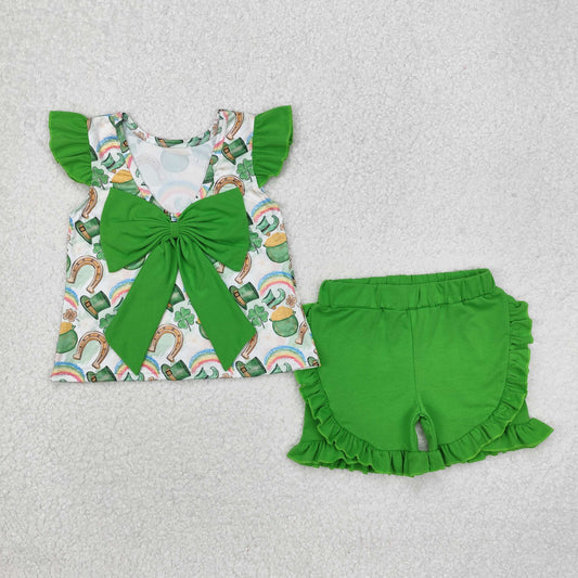 GSSO1713  Four-leaf clover gold coin rainbow hat green bow flying sleeve shorts suit