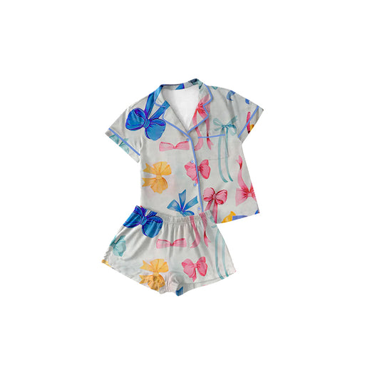CUSTOM   White short-sleeved shorts pajama set with a baby blue bow pattern D 5.20