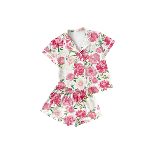 Custom Pink flower and leaf white short-sleeved shorts pajama set D 5.20