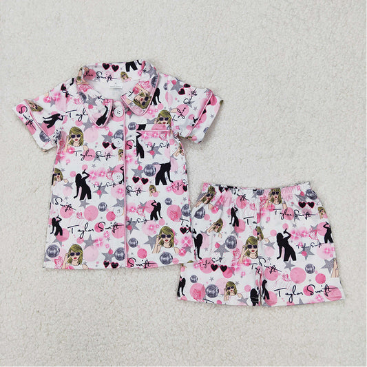 GSSO1772 Baby Girls Gray Star Pink and White Short Sleeve Shorts Pajama Set D 3.21