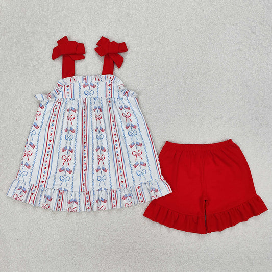 GSSO1786 Baby Girls 4th Of July Flag Bow Tunic Ruffle Shorts Clothes Sets  D 3.14