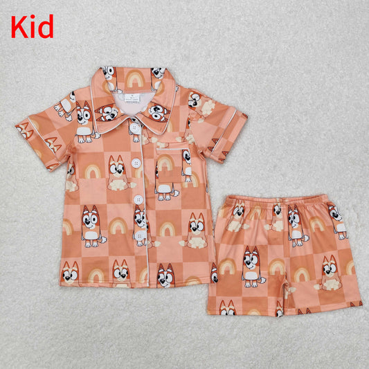 GSSO1801   Baby Girls Dogs Checkered Rainbow Buttons Shirts Shorts Pajamas