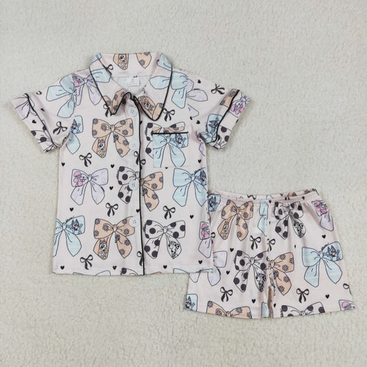 GSSO1810 Baby Girls Bows Dogs Buttons Shirts Shorts Pajamas Clothes Sets  D 4.14