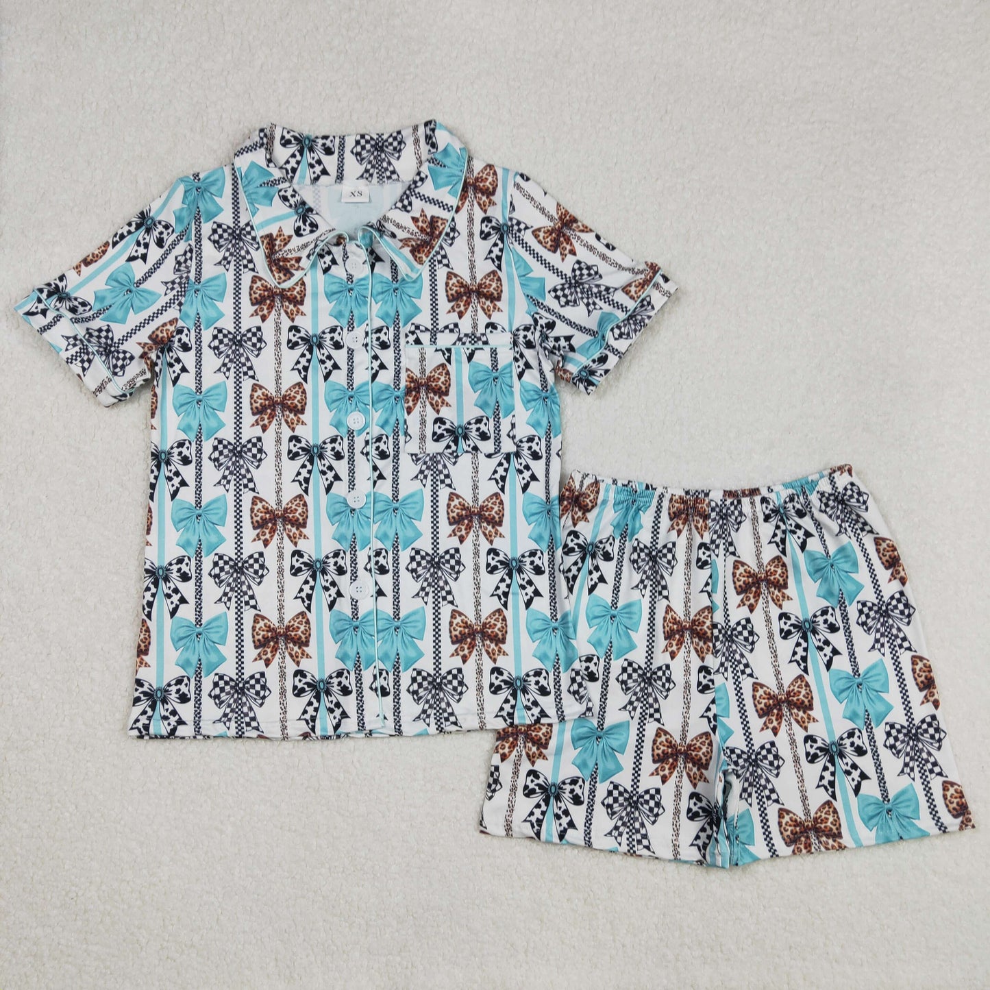 GSSO1856  Adult Women Western Bows Stripes Buttons Tops Shorts Pajamas  D 3.1