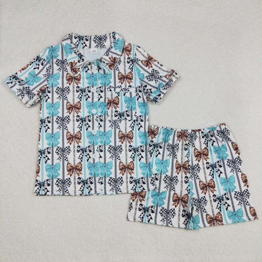 GSSO1856  Adult Women Western Bows Stripes Buttons Tops Shorts Pajamas  D 3.1