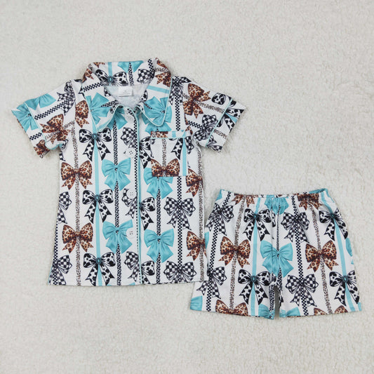 GSSO1858 Baby Girls Western Bows Stripes Buttons Shirts Shorts Pajamas Clothes Sets