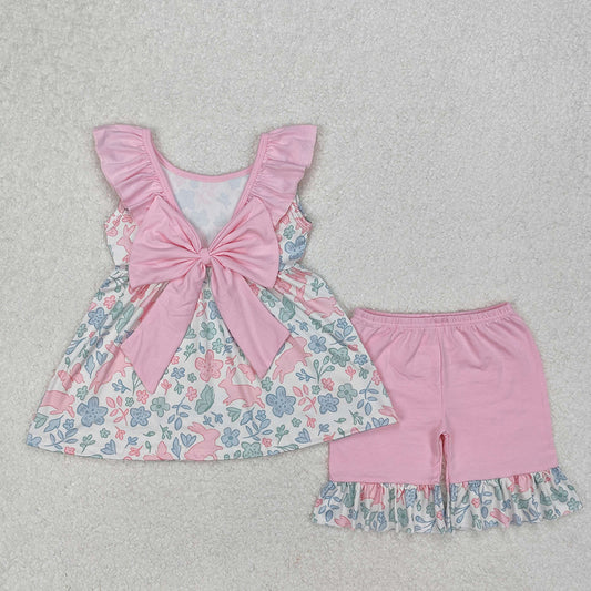 GSSO1881  Baby Girls Pink Easter Rabbits Tunic Ruffle Shorts Clothes Sets D 3.10