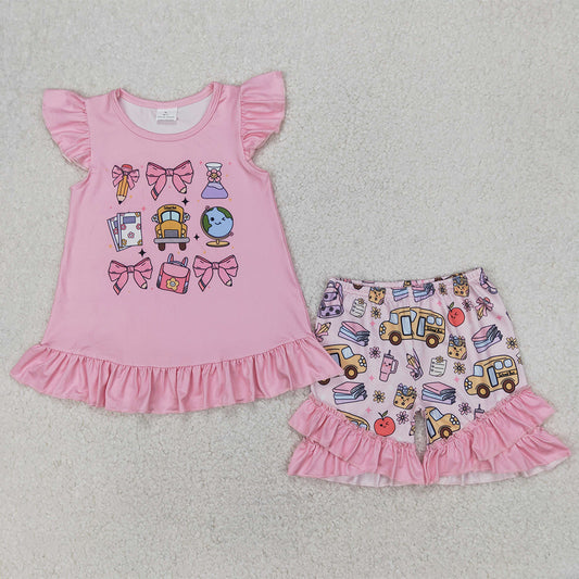 GSSO1910  Back To School Bus Pencil Apple Pink Bow Flying Sleeve Shorts Set D 4.4