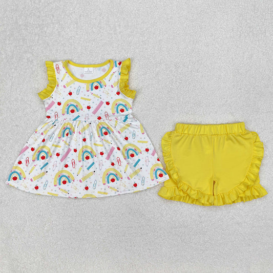 GSSO1913  Baby Girls Rainbow Back To School Tunic Ruffle Shorts Clothes Sets D 3.13