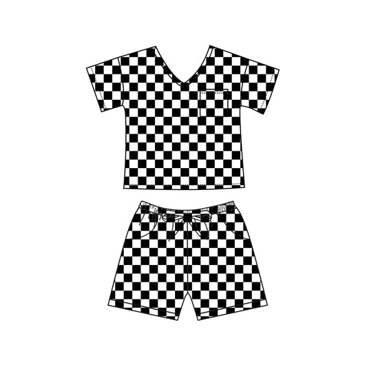 presale GSSO1941  Adult women black and white plaid short-sleeved shorts suit  2025 1.4