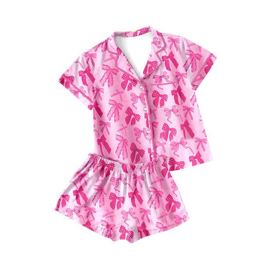 presale GSSO1942 Adult women's bow pattern rose red short-sleeved shorts pajamas set  2025 1.4