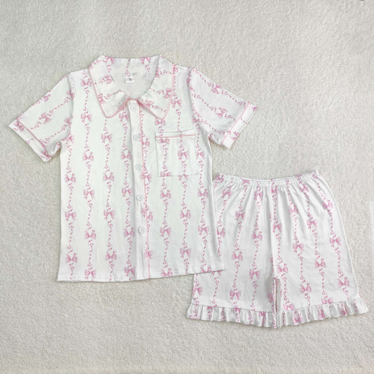 GSSO1944  Adult women's bow pattern ribbon white short-sleeved shorts pajamas set  D 3.3