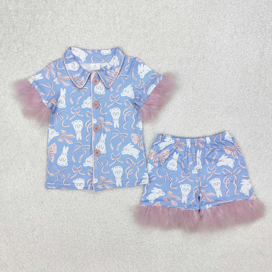 GSSO1946  Easter bunny bow pattern pink plush trim blue short sleeve shorts pajama set  D 3.10