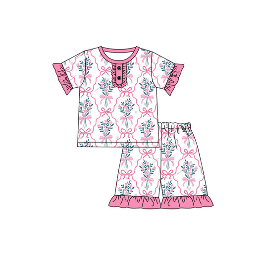 presale GSSO1948 White Plaid Short-sleeved Shorts Pajama Set with Flower and Bowknot Pattern   2025 1.4