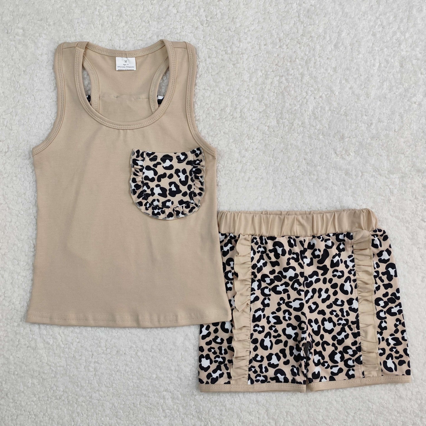 GSSO1979  Baby Girls Khaki Pocket Bow Vest Ruffle Leopard Shorts Sets  D 3.3