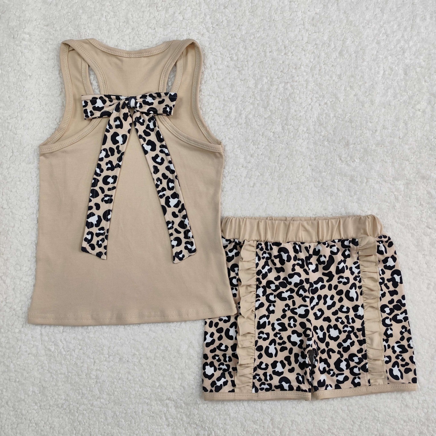 GSSO1979  Baby Girls Khaki Pocket Bow Vest Ruffle Leopard Shorts Sets  D 3.3