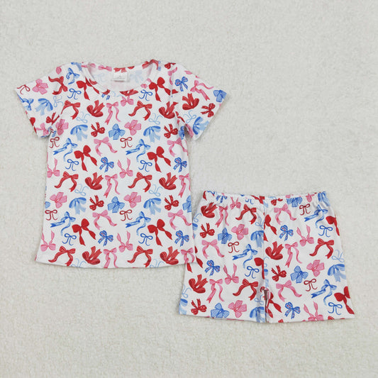 GSSO1992  Baby Girls 4th Of July Bows Shirts Shorts Sets