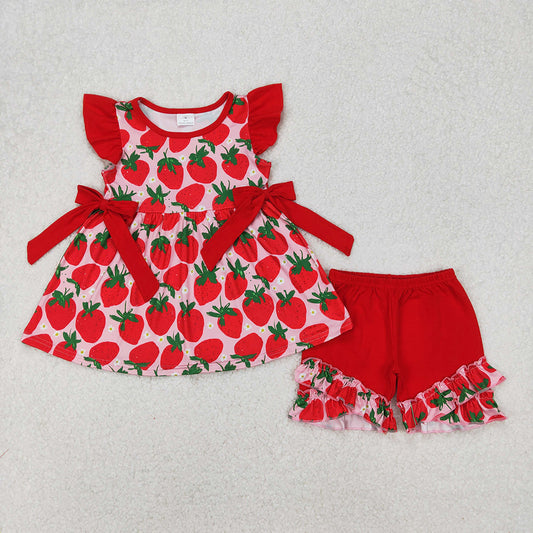 GSSO2023  Strawberry Flower Red Lace Bow Pink Fly Sleeve Shorts Set D 3.15